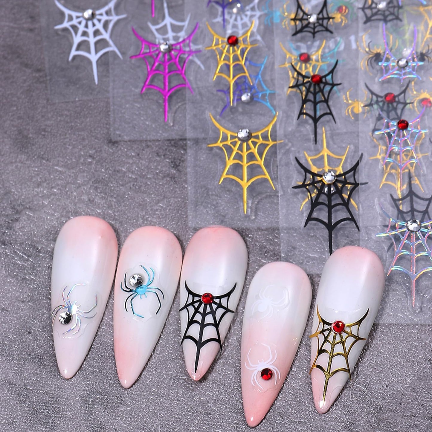 3D Spider Rhinestones Nail Art Stickers Decals Halloween Nails Sticker Black White Gold Silver Rainbow Spider Web Nails Decals Self-Adhesive Spider Nail Art Decal for Women Halloween Decor (5 Sheets)