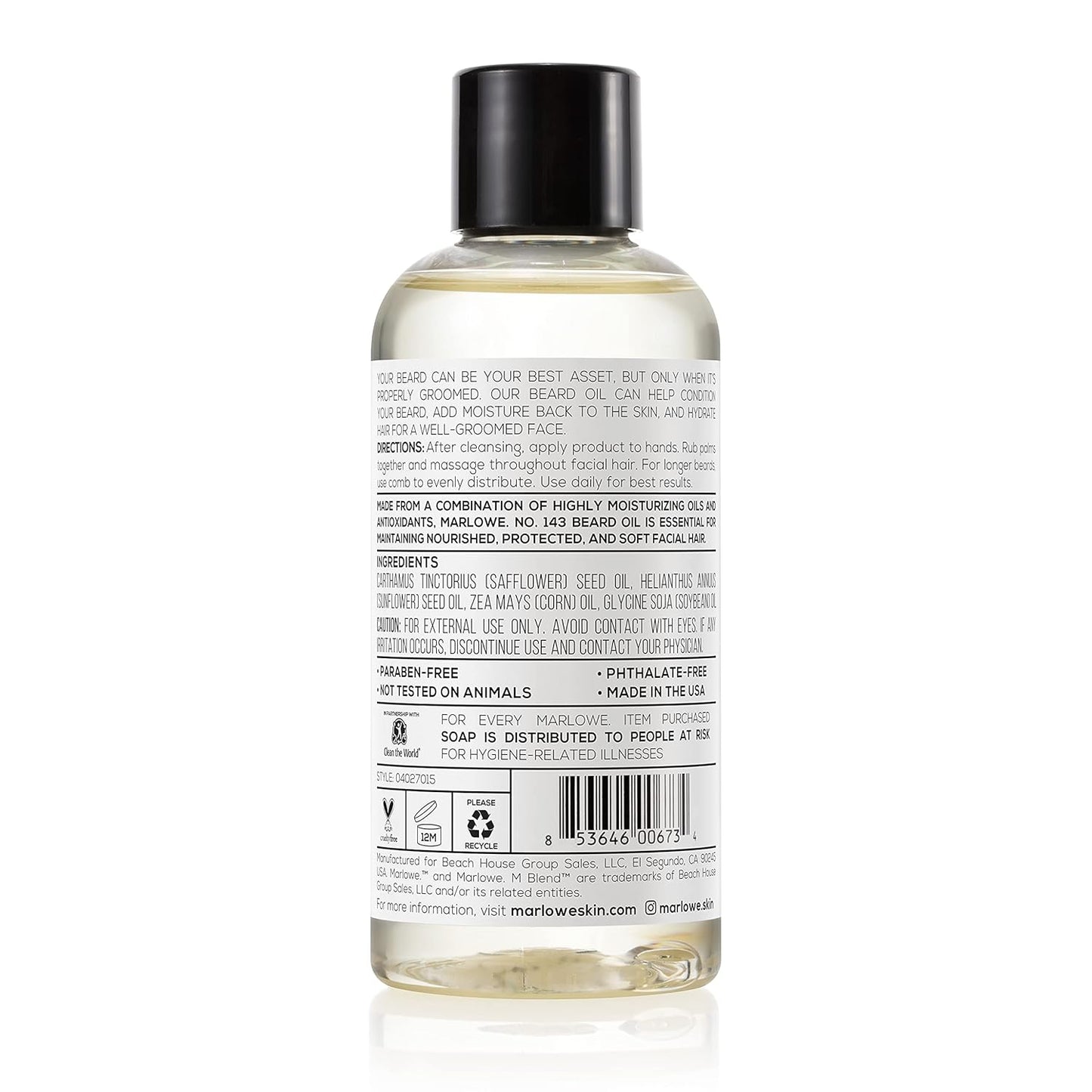 MARLOWE. No. 143 Beard Oil 3 oz, Conditioning Oil for Men, Softer & Fuller Beard Care, 100% Natural Softener with Sunflower & Safflower Oils, Conditions & Nourishes, Fragrance Free