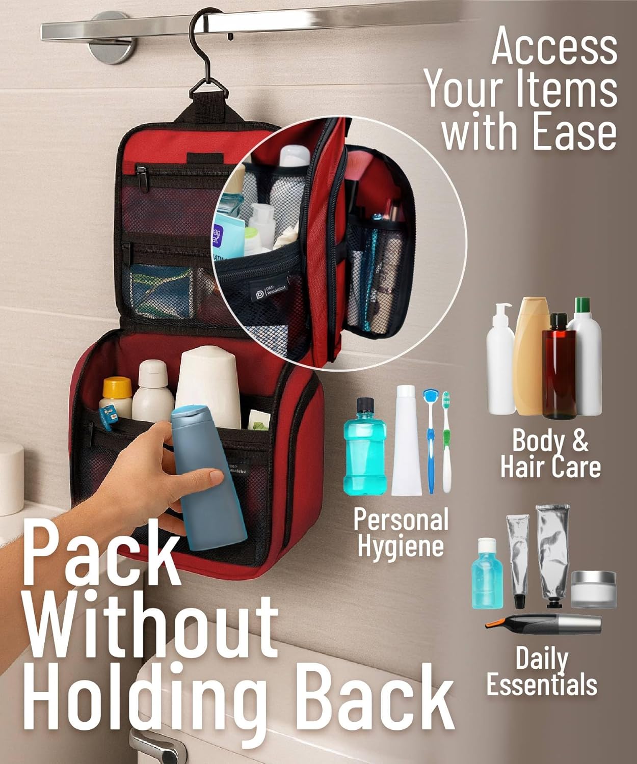 D&D Hanging Travel Toiletry Bag for Men and Women – Large Cosmetics, Makeup and Toiletries Organizer Kit with 10 Compartments, YKK Zippers, XXL Metal Swivel Hook, Water-Resistant Nylon