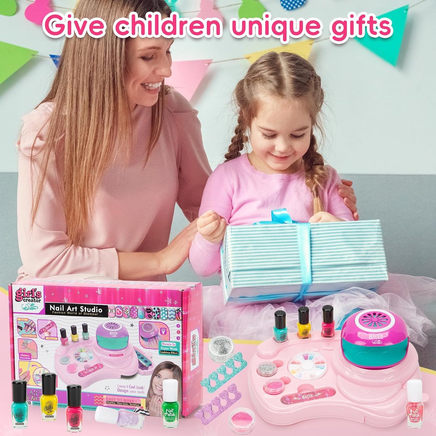 Kids Nail Polish Set for Girls, Nail Art Kit with Nail Dryer, 9 Peel Off Washable Polish, 24 Press on Fake Nails, Glitter Powder, Gifts for Girls Ages 6-12