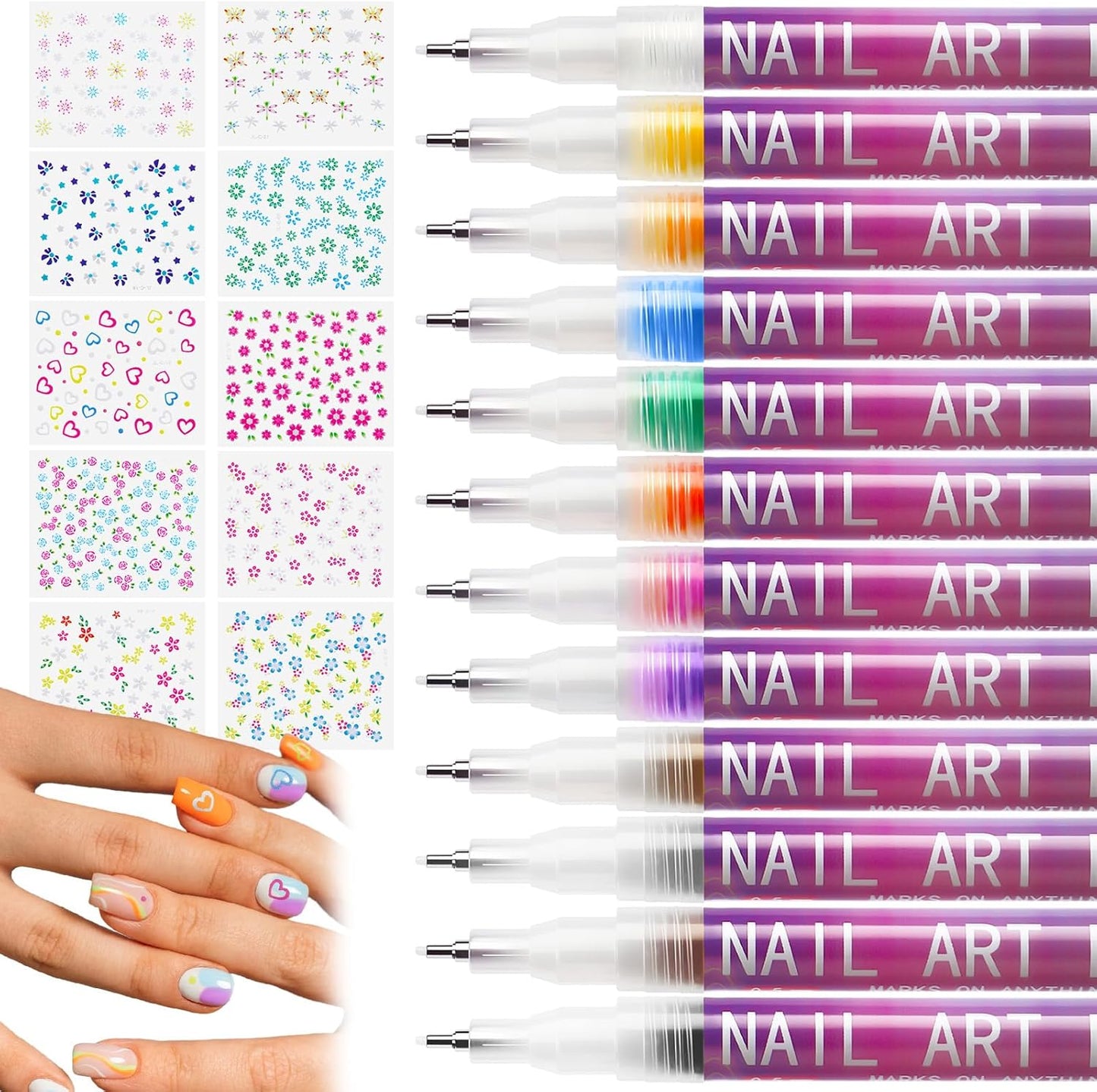 miikoul 12 Colors Nail Art Pens Set 0.7mm Art Graffiti Pen with 10PCS Nail Art Stickers 3D Nail Polish Paint Pens Quick Drying Waterproof Drawing Marker Pen for Nail Art Drawing and Salon DIY