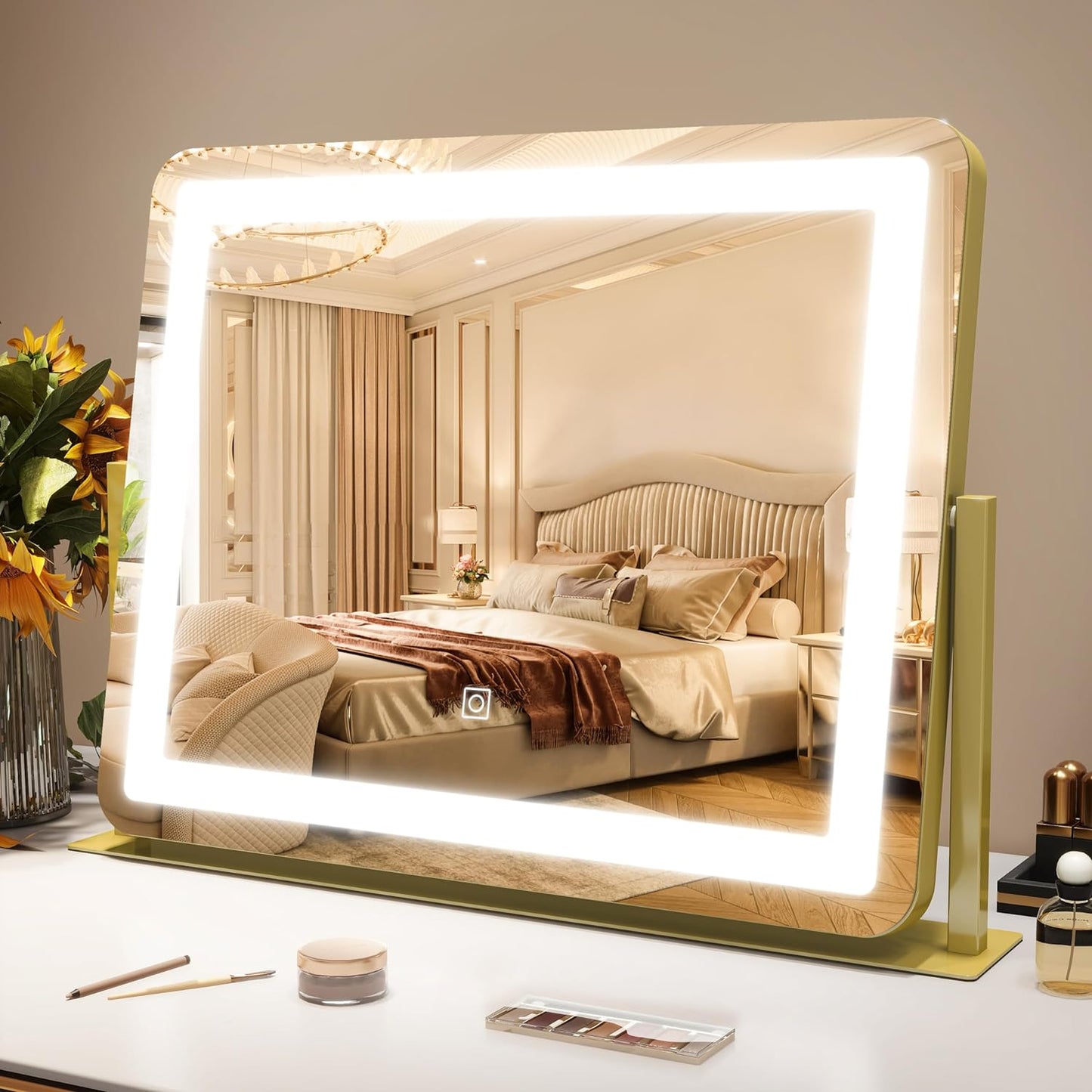 Gold Vanity Mirror with Lights - Smart Touch Dimming, 3-Color Lighting, 360° Rotatable Desktop Makeup Mirror for Desk, 22"x17"