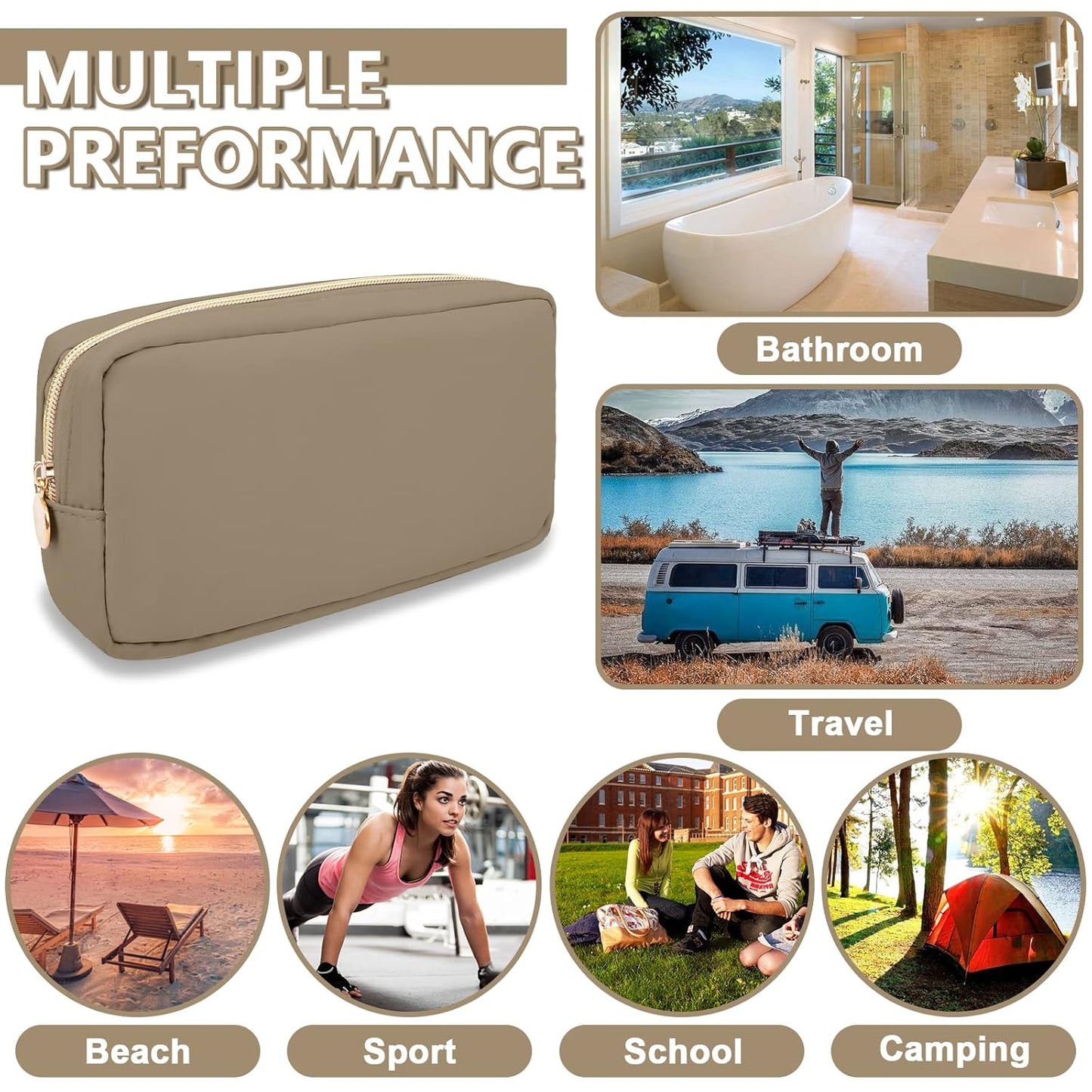 Small Makeup Bag Pouch for Purse, Nylon Travel Toiletry Storage Bag Cute Preppy Cosmetic Bag for Women Girls, Waterproof Makeup Organizer Bag Pouch Skincare Bag Purse with Zipper (Small-Khaki)