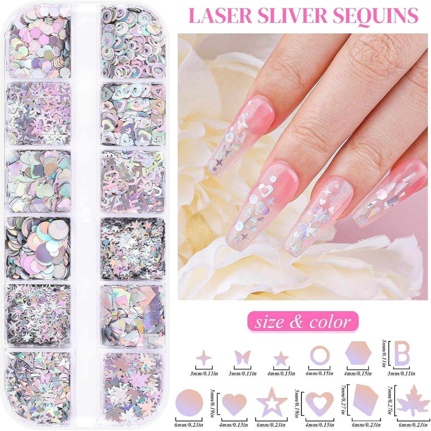 5 Boxes 60 Colors Holographic Nail Art Sequins Kit, Iridescent Sparkle Laser Hollow 3D Star Butterfly Heart Round Mixed-shapes Nail Glitter Flakes for Manicure Body Makeup Craft DIY (2-colorful-kit2)