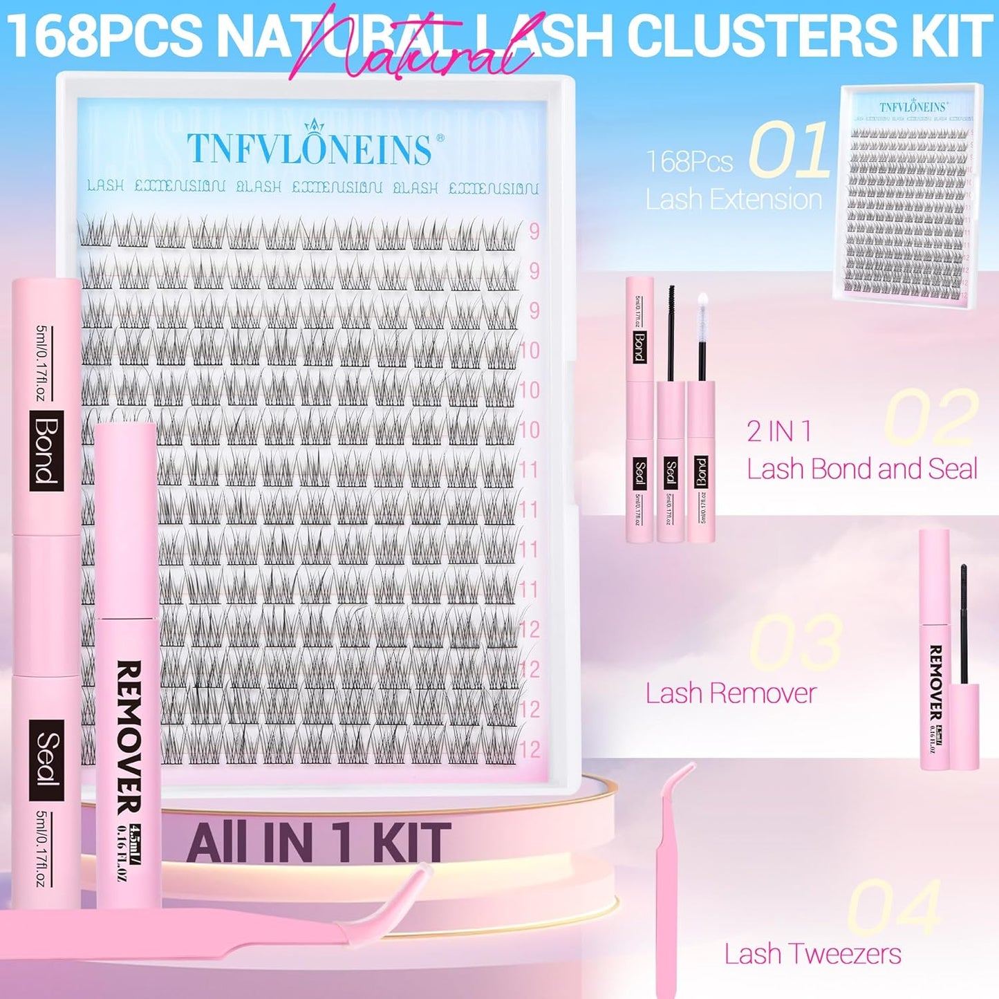 Natural Lash Extension Kit Wispy Lash Clusters Kit 168Pcs Eyelash Extension Kit 9-12MM Eyelash Clusters Lashes Individual Kit with Remover for Lash Extension, Bond and Seal and Tweezers by TNFVLONEINS