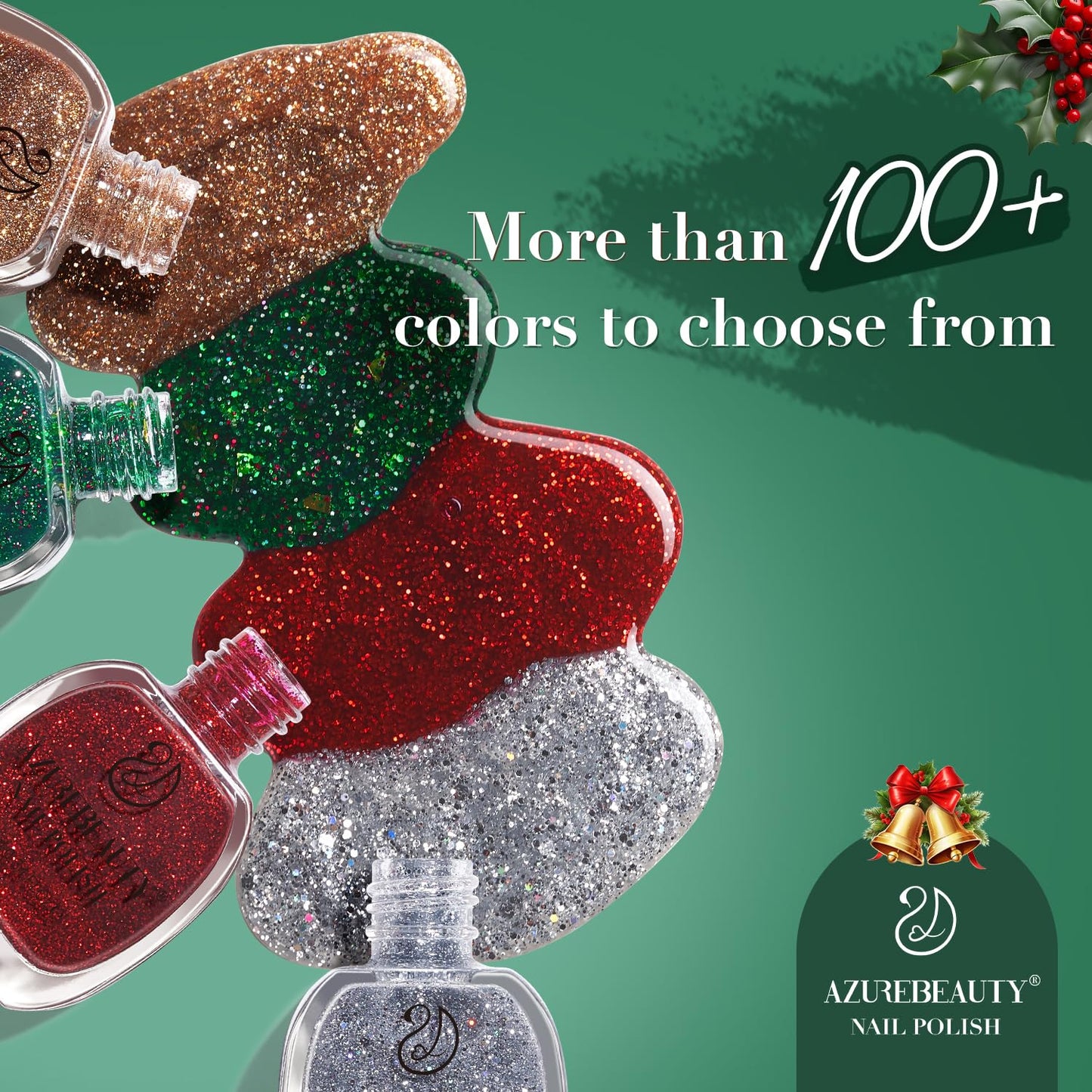 AZUREBEAUTY Christmas Nail Polish Quick Dry Green Glitter Nail Polish Natural Shine Nail Lacquer Salon-Quality for Women Girl Gift Set 1Pcs 0.34 fl oz