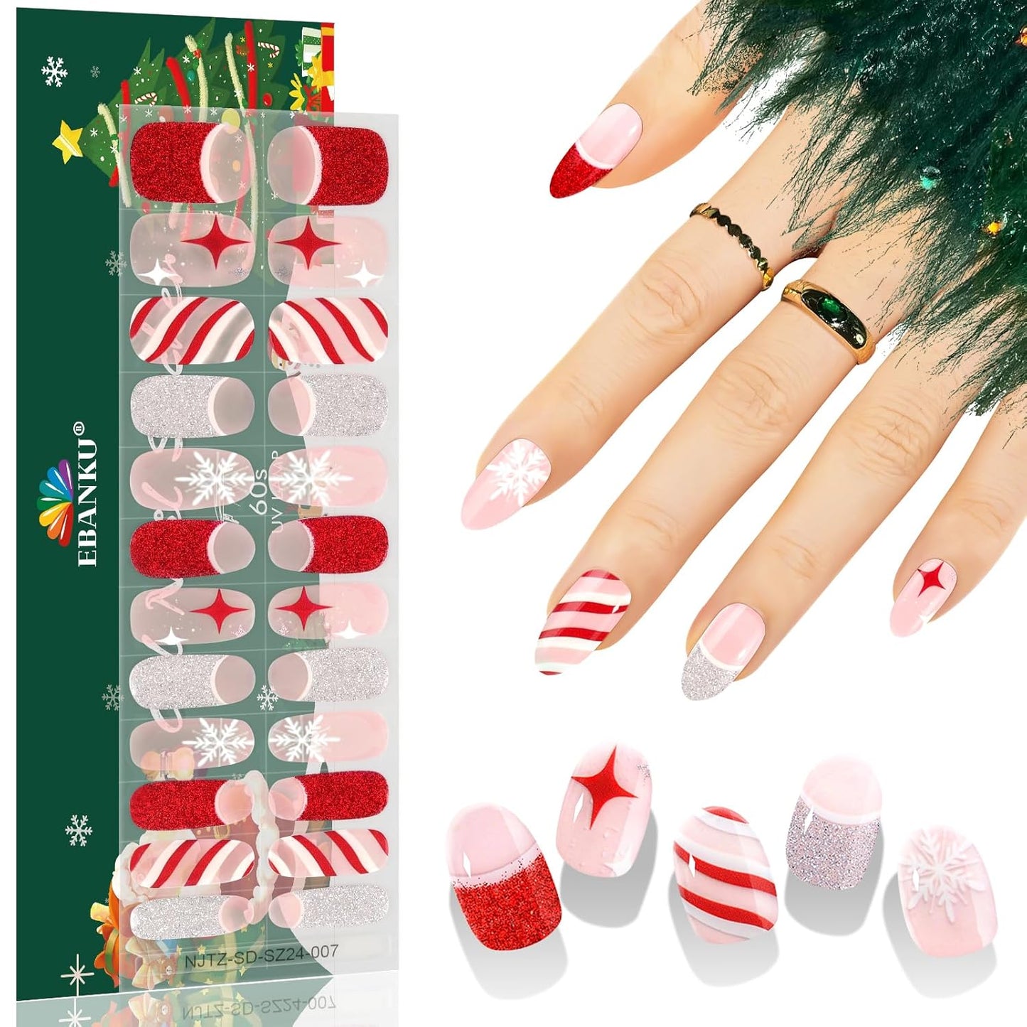 EBANKU 24PCS Christmas Semi-Cured Gel Nail Strips, French Glitter Adhesive Gel Nail Art Sticker, Waterproof Gel Nail Wrap Stickers with Nail File and Stick（UV/LED Lamp Required）