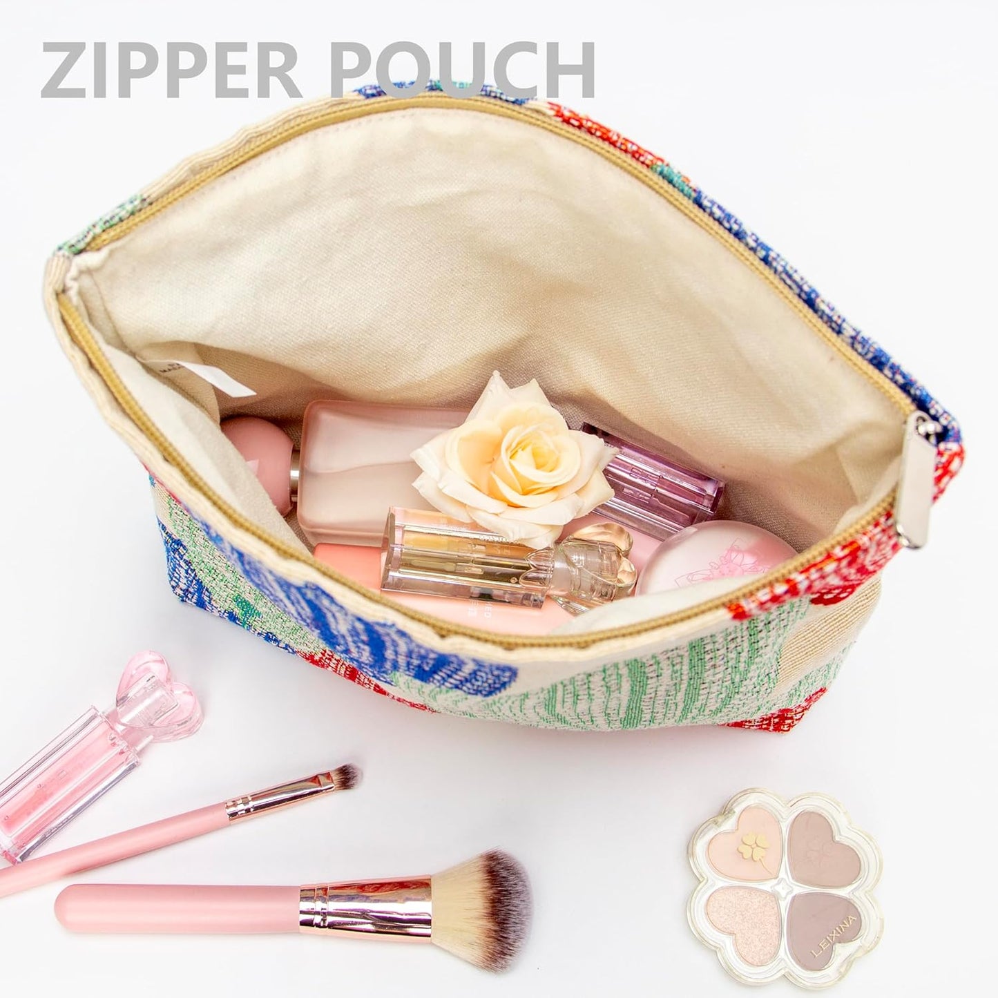 PAZIMIIK Makeup Bag Large Cotton Zipper Pouch for Purse Travel Canvas Make Up Organizer for Women Cosmetic,Linen Colorful