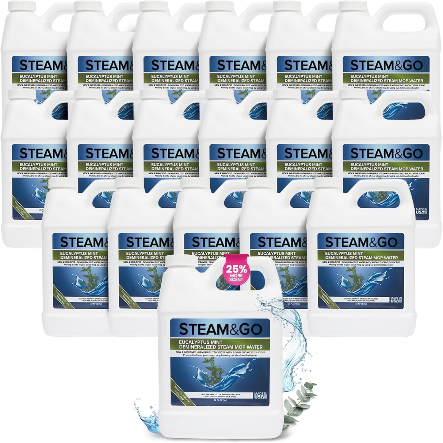Steam & Go Demineralized Water for Steam Cleaner, PVC-Free Floor Cleaner Liquid Compatible With Any Steam Mop, Ready-to-Use Multisurface Cleaner, Scented, Eucalyptus Mint, 32 oz, Pack of 18