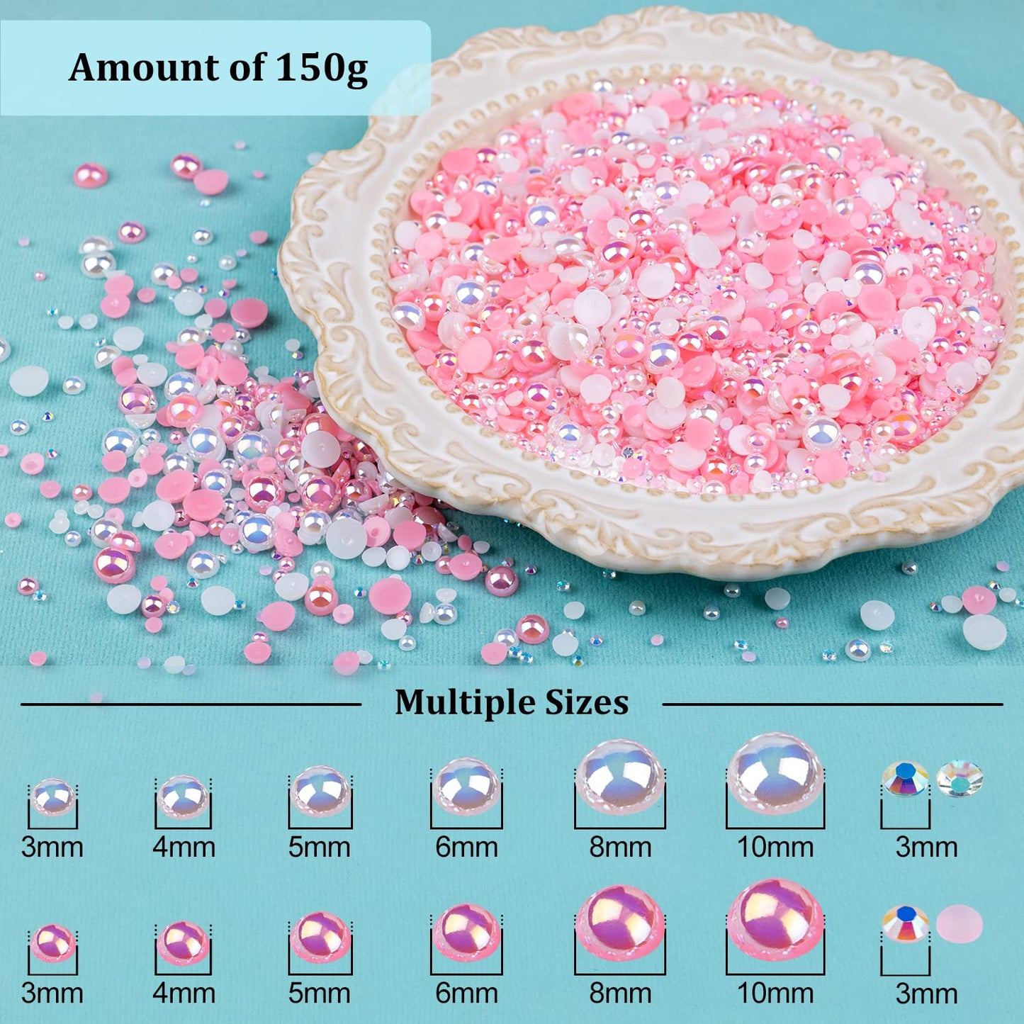 150g Flatback Pearls and Rhinestones, Pink&White Mixed Size 3-10mm Resin Rhinestones and Half Pearls for Nail Art and Crafts and Decoration with Picking Tools