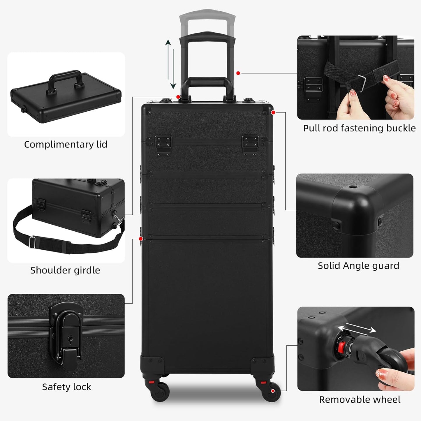 Rolling Makeup Case, Makeup Train Case with Lid, 5 in 1 Cosmetology Case on Wheels, Christmas Gift, Large Makeup Organizers, Profesional Cosmetic Case for Salon Barber, Black