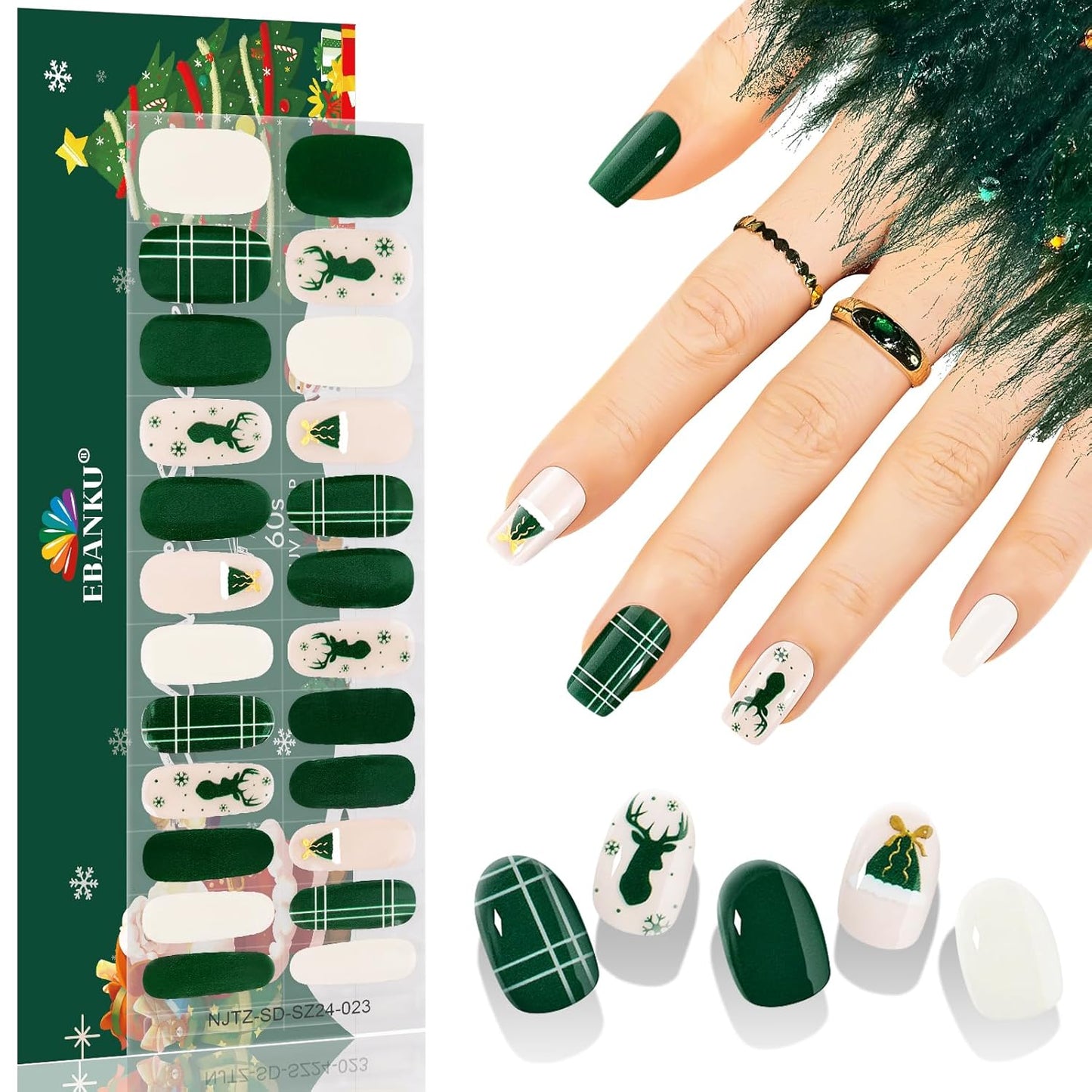 EBANKU 24PCS Christmas Semi-Cured Gel Nail Strips, Deer Horn Self-Adhesive Gel Nail Art Sticker, Waterproof Gel Nail Wrap Stickers with Nail File and Stick