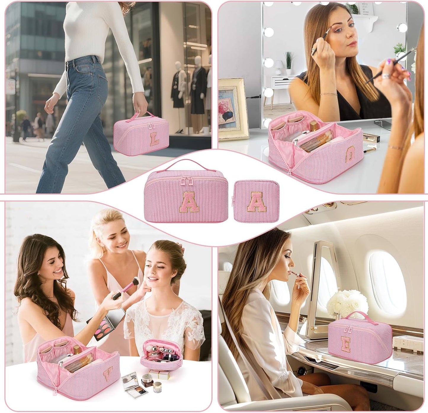 Travel Makeup Bag for Women, 2Pcs Portable Personalized Initial Makeup Organizer Bag, Open Flat Large Cosmetic Bag With Travel Essential Pouch (Pink Letter M)