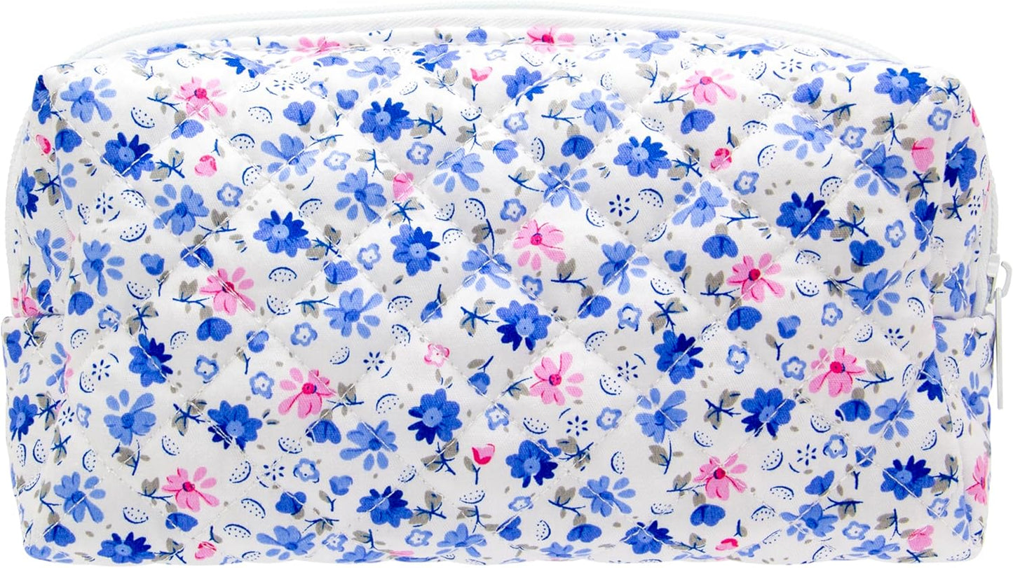 PAZIMIIK Vintage Quilted Makeup Bag Cosmetic Pouch for Brushes Pencils and Travel Make Up Accessories for Women and Girls Flower Blue