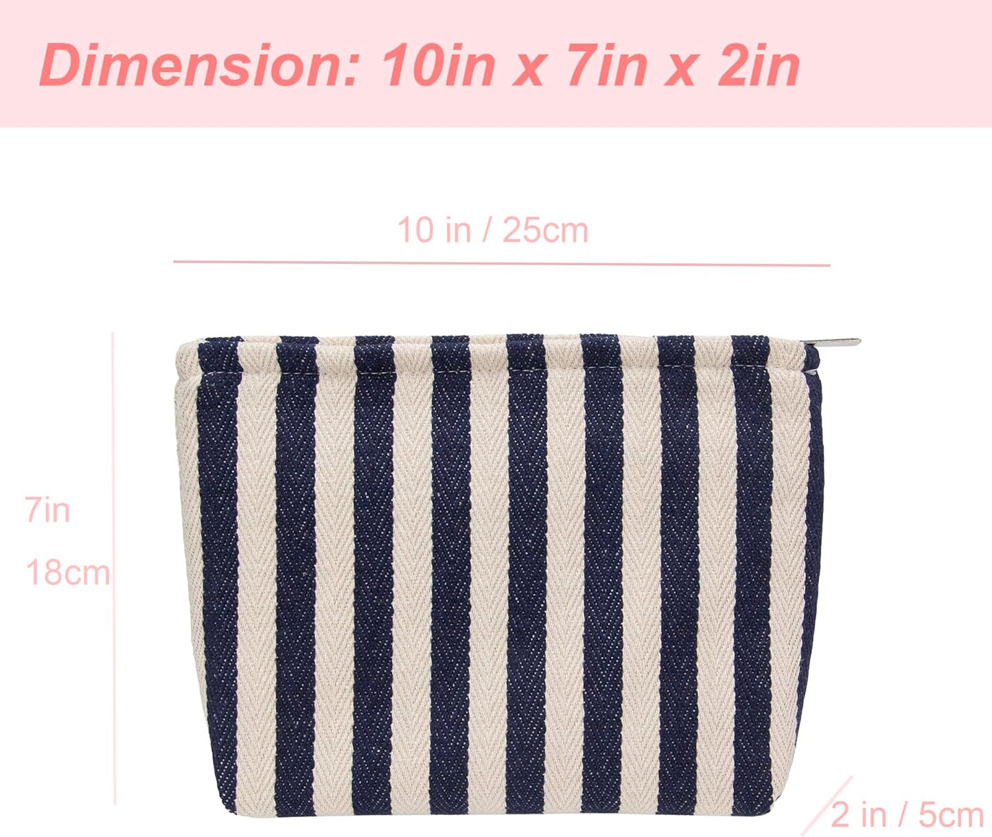 PAZIMIIK Makeup Bag Large Cotton Zipper Pouch for Purse Travel Canvas Make Up Organizer for Women Cosmetic,Stripe Navy Blue