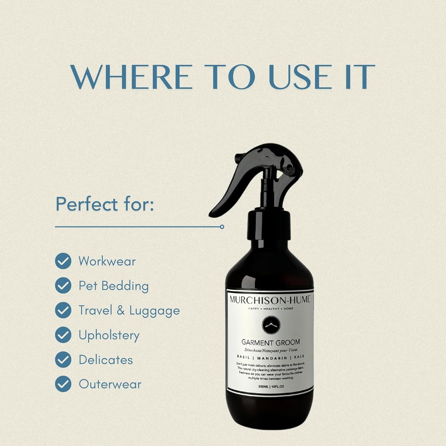 Murchison-Hume Garment Groom Fabric Freshener, Air Freshener, Odor Fighter, Laundry Treatment and Stain Remover, Basil Mandarin Kale