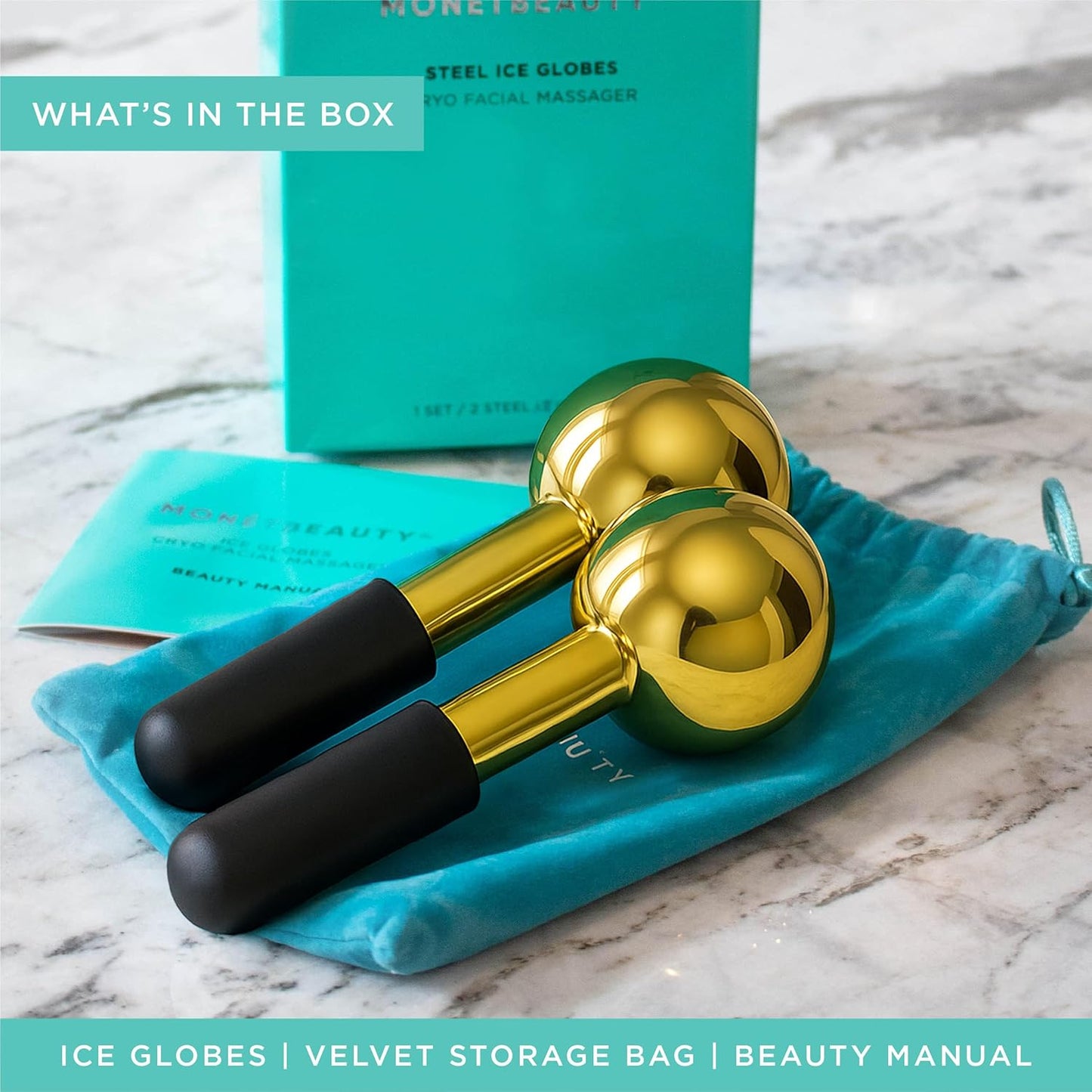 Stainless Steel Ice Globes for Facials (Gold Black Handle), Durable Cryo Globes Instantly Reduce Puffiness, Tighten Pores & Sinus Relief, Face Globes Facial Massages & Daily Beauty Routine