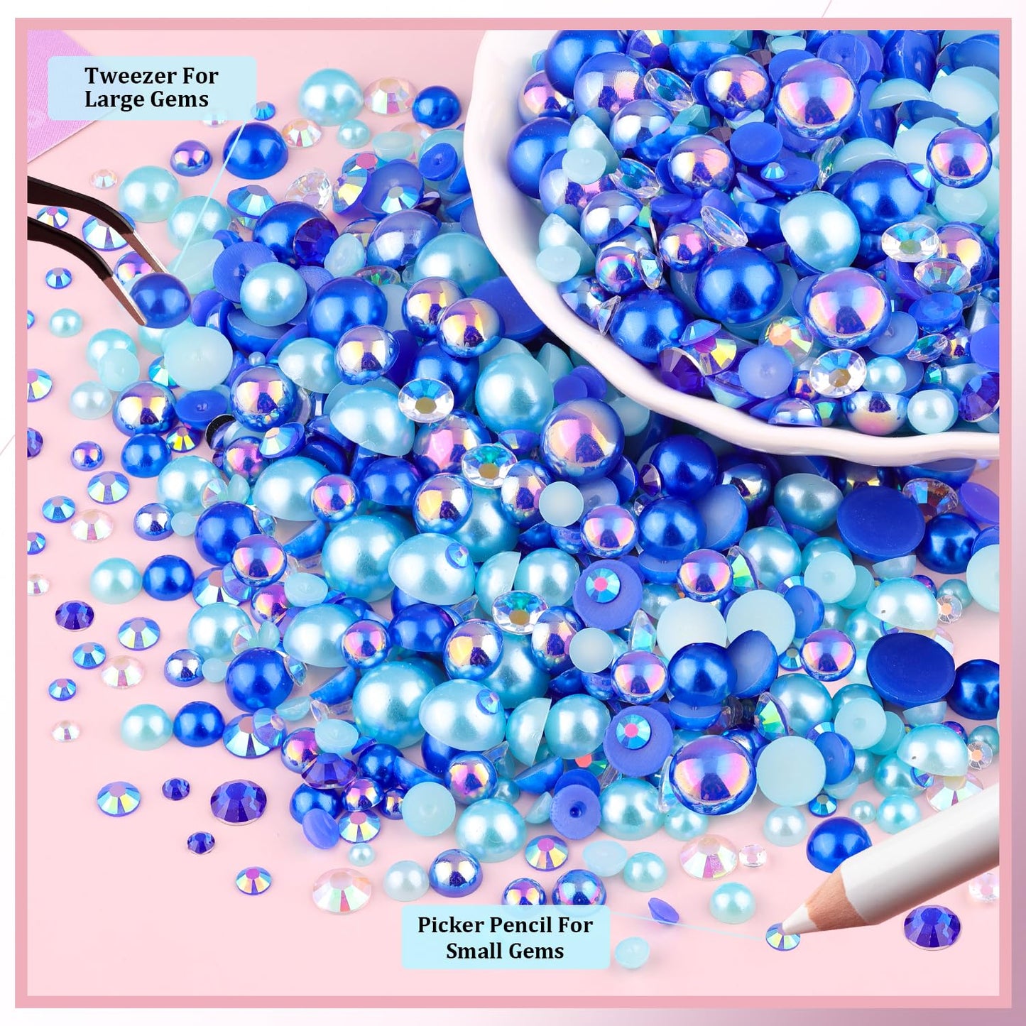 80g Flatback Pearls and Rhinestones for Crafting, Dark Blue Mixed Size 3-10mm Resin Rhinestones and Half Pearls for Bedazzling, Nail Art and Decoration with Tweezer and Pickup Pencil