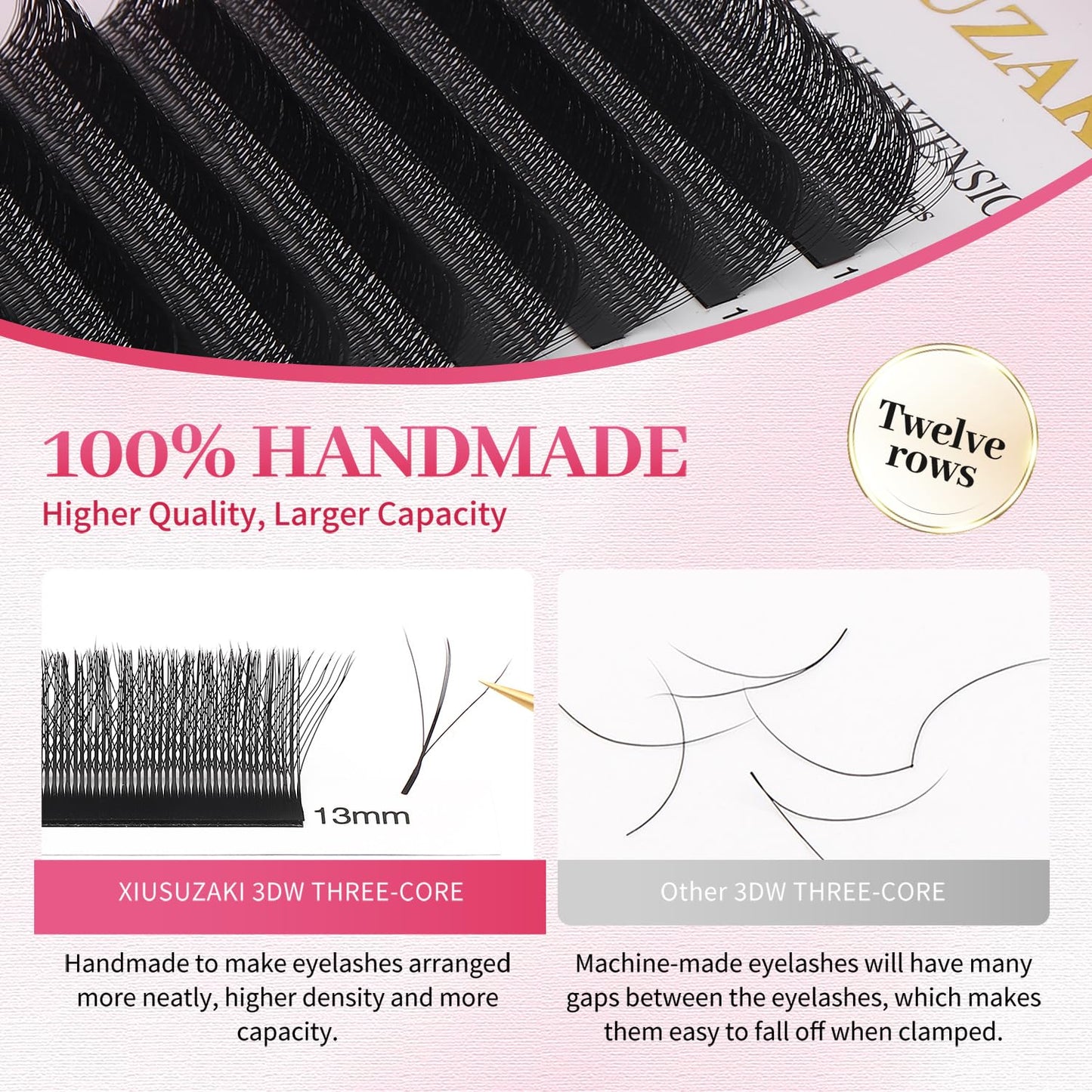 Lash Extensions Three Core Tips 3D Eyelash Extensions W Shape 0.07mm Thickness D Curl 13mm Premade Fans Easy Fan Volume Lashes Matte Black Crisscross(W-3D-Three Core-0.07-D,13mm)