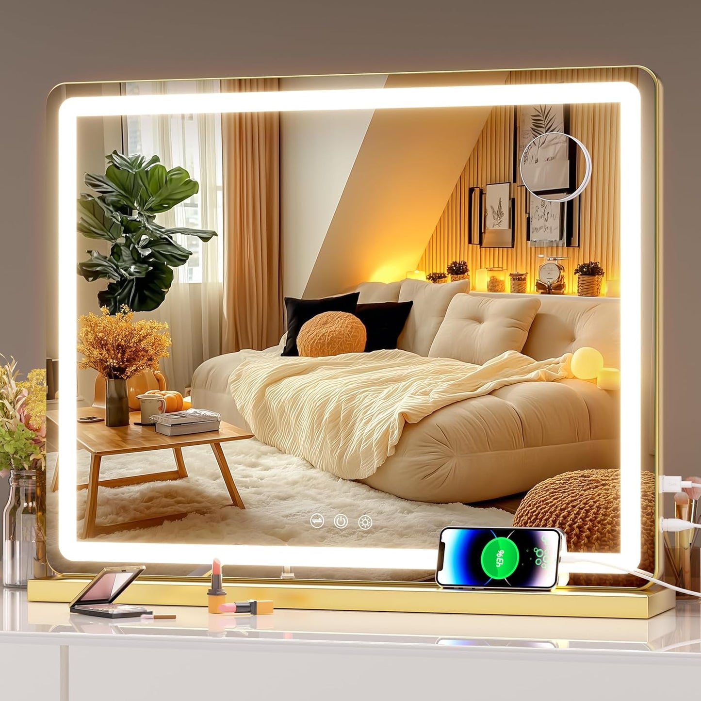 Hasipu Vanity Mirror with Lights, 22.8" x 18" LED Makeup Mirror, Lighted Makeup Mirror with Dimmable 3 Modes, Touch Screen Control Vanity Mirror Round Gold