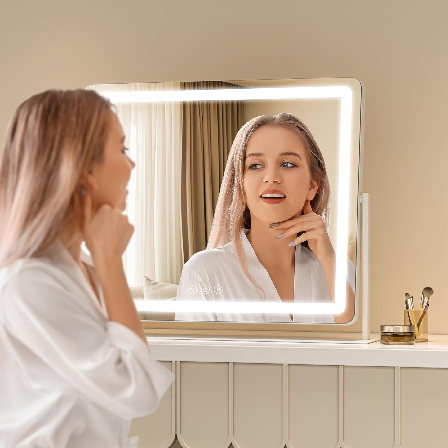 Vanity Mirror with Lights, 25.6'' x 22'' Lighted Makeup Mirror, Touch Screen with 3-Color Lighting, Dimmable for Vanity Desk Tabletop Round White