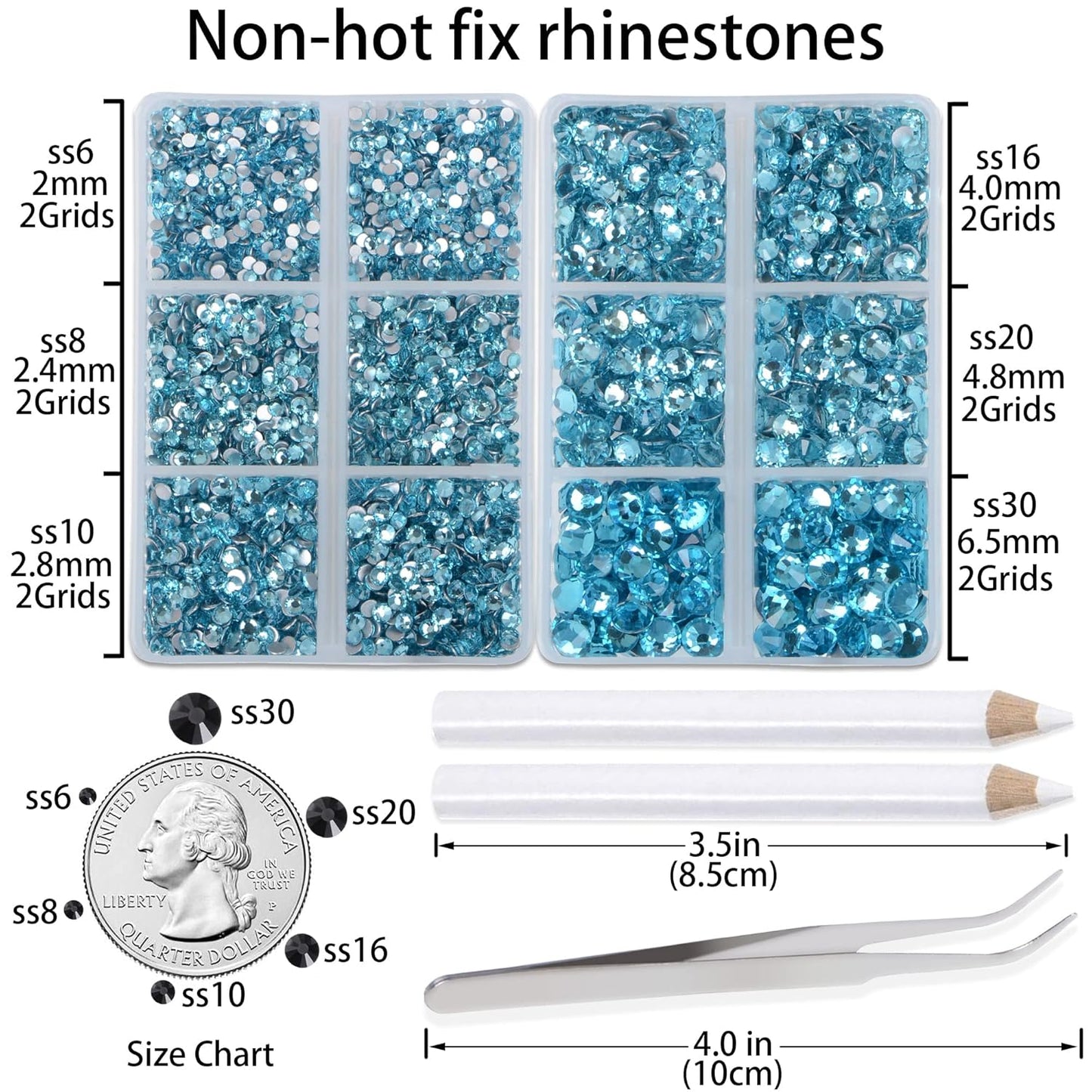 LPBeads 6000 Pieces Lake Blue Non Hotfix Rhinestones 6 Sizes Round Crystal Glass Flat Back Rhinestones with Tweezers and Picking Pen for Nail Art Crafts Clothes Bags DIY