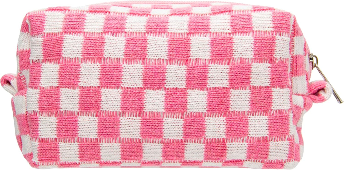Checkered Makeup Bag for Purse Portable Zipper Make Up Pouch Small Cosmetic Case for Travel Accessories Pink White