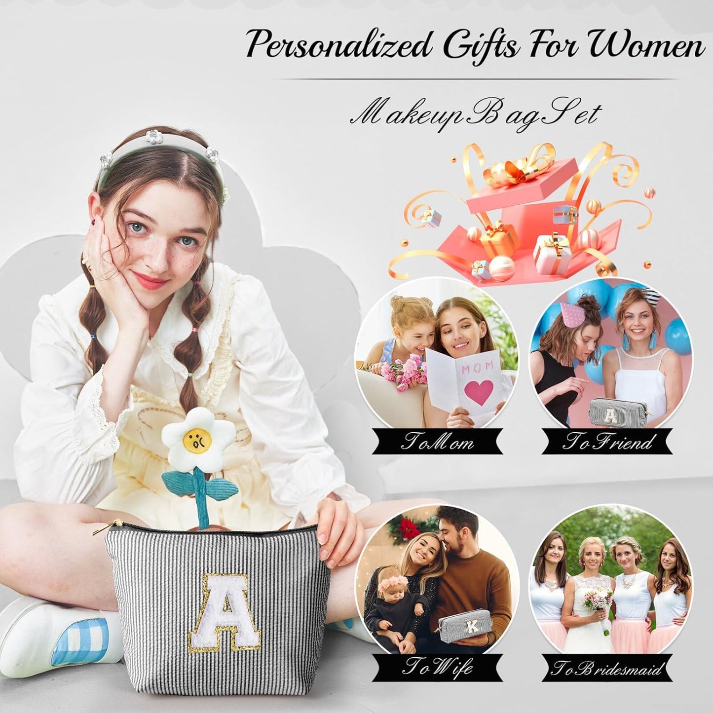 YOOLIFE Initial Monogram Cute Makeup Bags - Cosmetic Toiletry Pouch for Women's Friendship, Personalized Birthday Gifts - Black