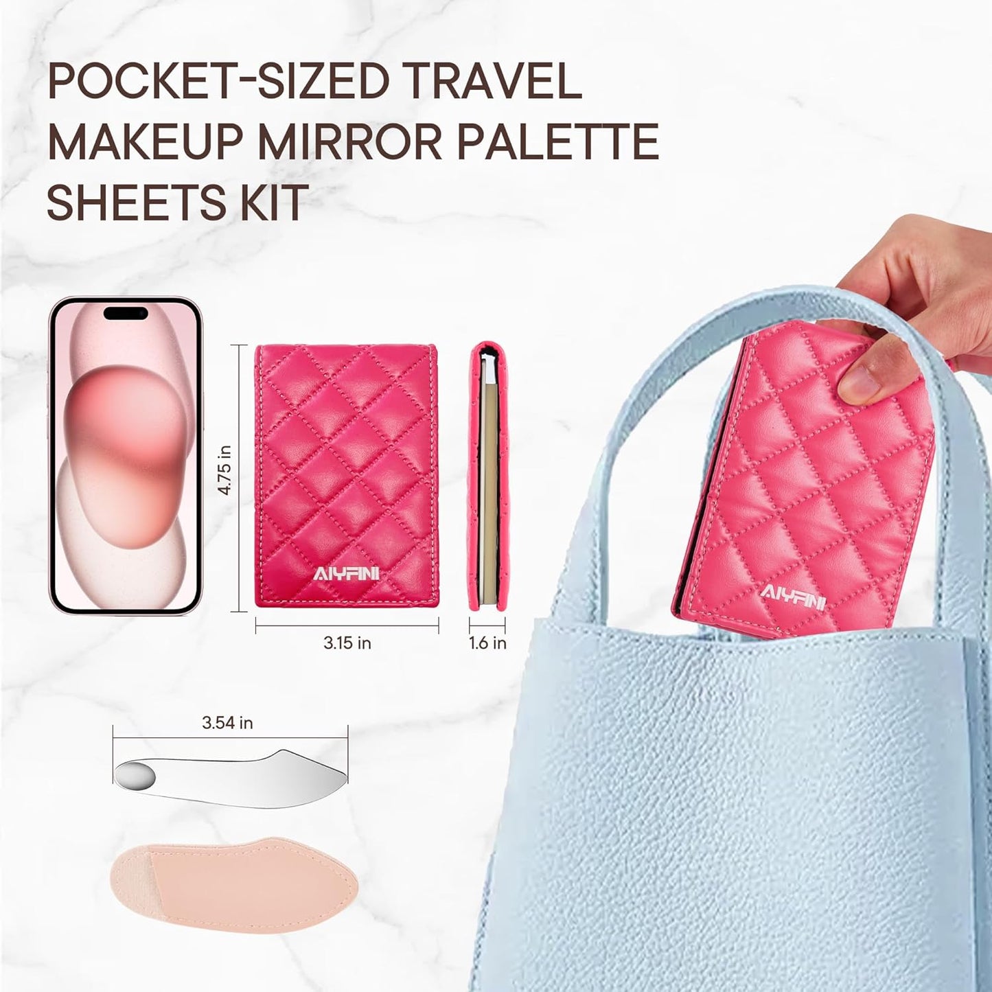 Alyfini Pocket Makeup Palette Mirror for Purse - 100 Disposable Sheets & Spatula, Small Travel Toiletry Essentials, Handheld Foundation/Lip/Nail Color Mixing Tray, Makeup Artist and Enthusiasts Gift