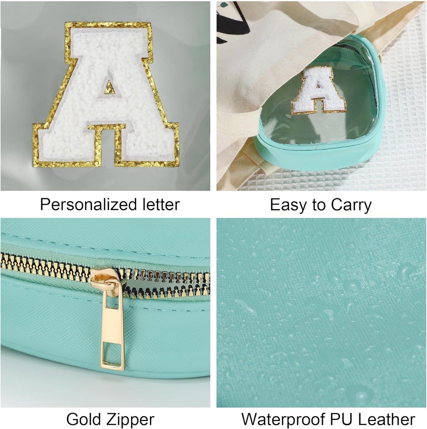 YOOLIFE Initial Make Up Bag Travel Toiletry Bag, Clear Makeup Bag Preppy Cosmetic Bags Organizer Travel Essentials Gifts for Women Teen Girlfriend Teacher Mom Birthday Gifts Small Makeup Bag Blue A