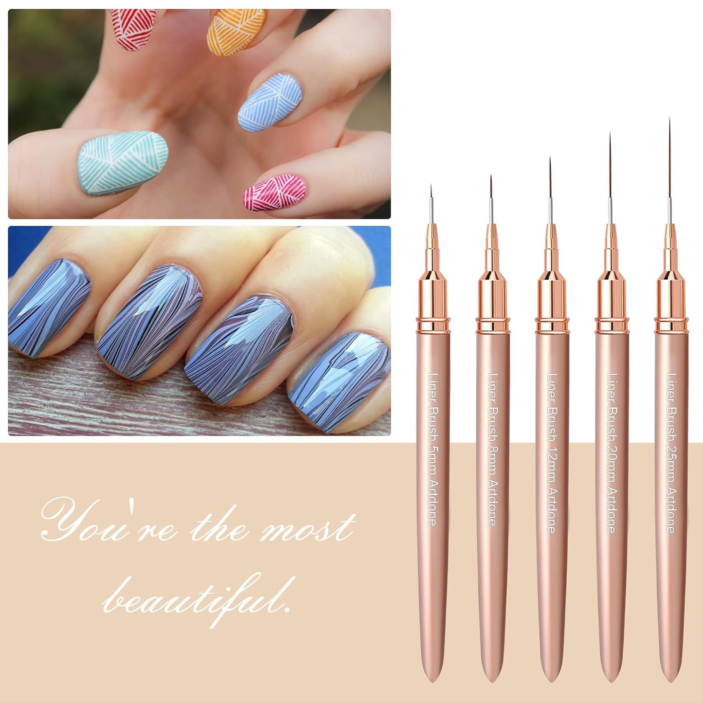 Artdone Metallic Nail Art Pens, Liner Brushes Set, 5PCS Copper Color Nail Tools For Long Lines, Thin Details, Fine Drawing, Liner Brush UV Gel Polish Painting Nail Design Sizes 5/8/12/20/25mm