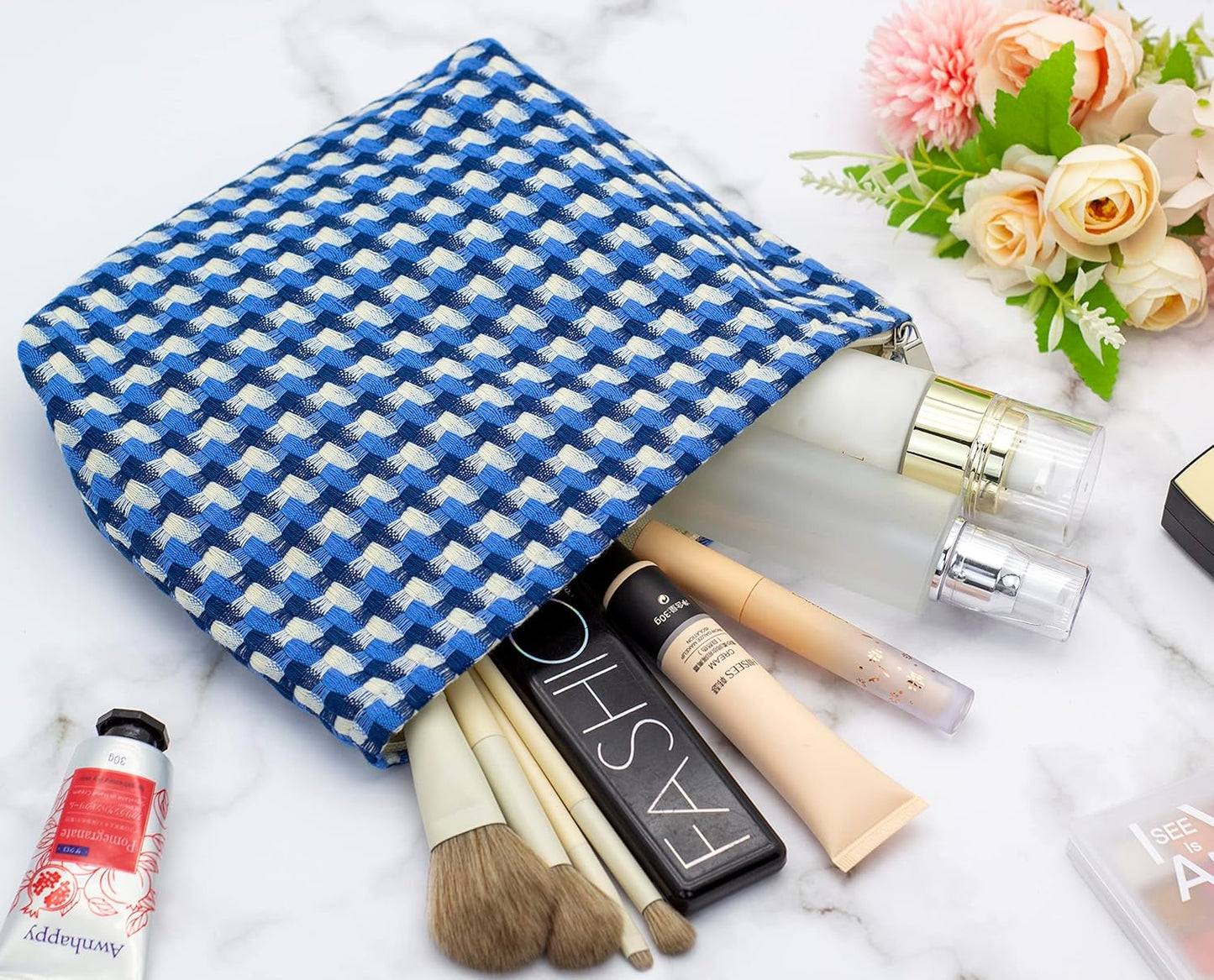 Makeup Bags for Purse Zipper Cosmetic Pouch Large Travel Canvas Make Up Organizer Tool Pouch for Women and Girls,Grid Blue