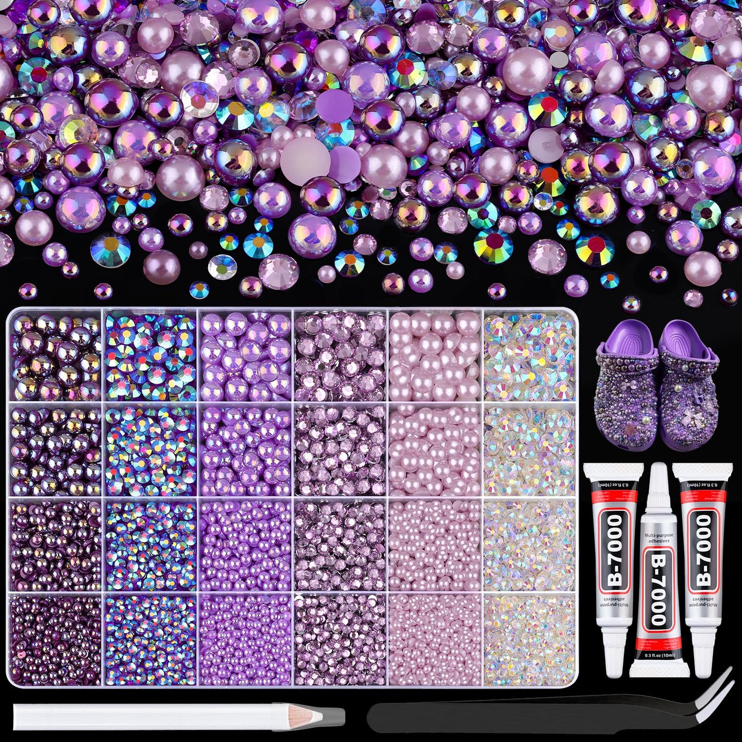 9000Pcs Flatback Pearls and Rhinestones for Crafting, Purple Series Mixed Size 3-8mm Resin Rhinestones and Half Pearls for Bedazzling, Nail Art and Decoration with 3pcs B7000 Jewelry Glue
