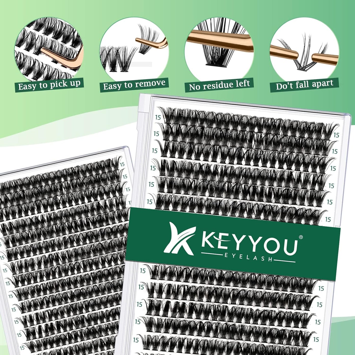 Lash Clusters 300pcs Individual Lashes 40D 0.07D Curl 15mm DIY Eyelash Extension KEYYOU Large Tray Volume Soft&Natural Eyelash Clusters(50D-0.07D,15）